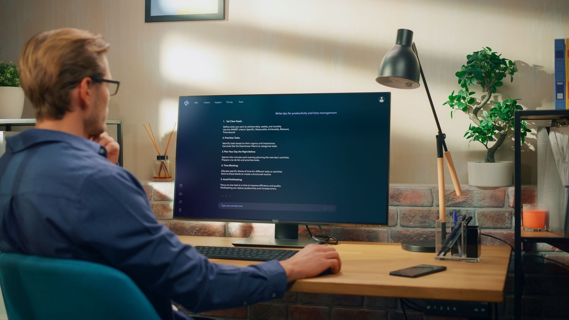 Man in blue shirt and glasses coding at computer, desk with lamp, phone, and plants.