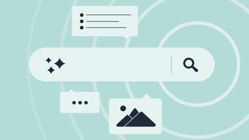 Search bar with suggestions and icons, on a light teal background.