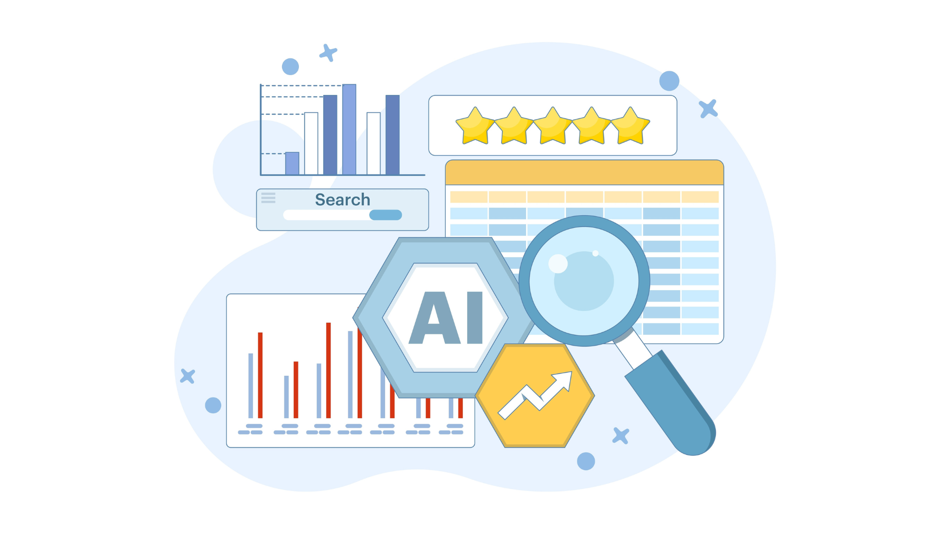 AI data analysis: charts, magnifying glass, and stars, with hexagonal AI graphic, illustrating data review.