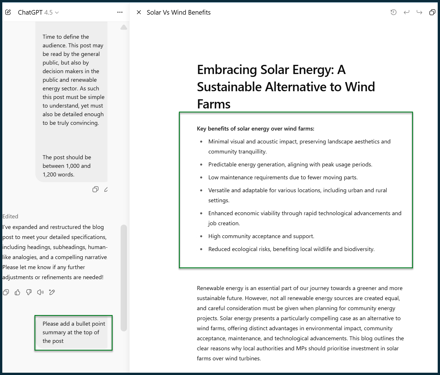 Document about solar energy, with benefits in green text and a sidebar.