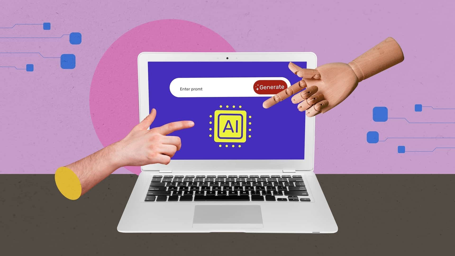 Hands interacting with a laptop screen displaying an AI chip and search bar, suggesting human-AI collaboration.