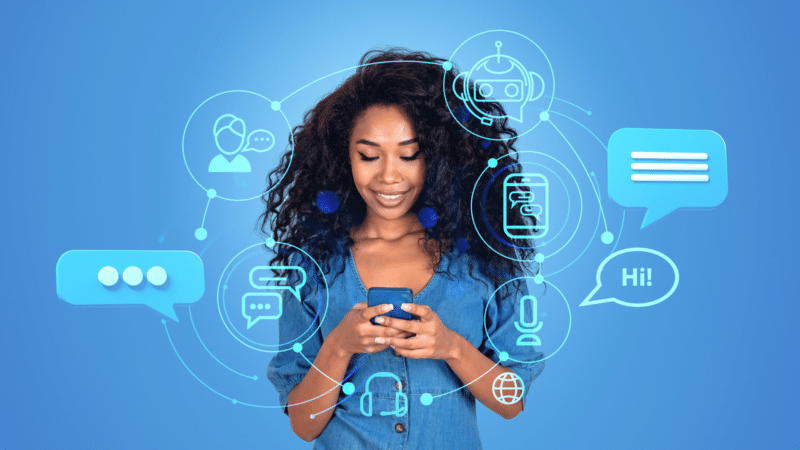 Woman smiling, using phone, surrounded by tech icons like speech bubbles and a robot, on a blue background.