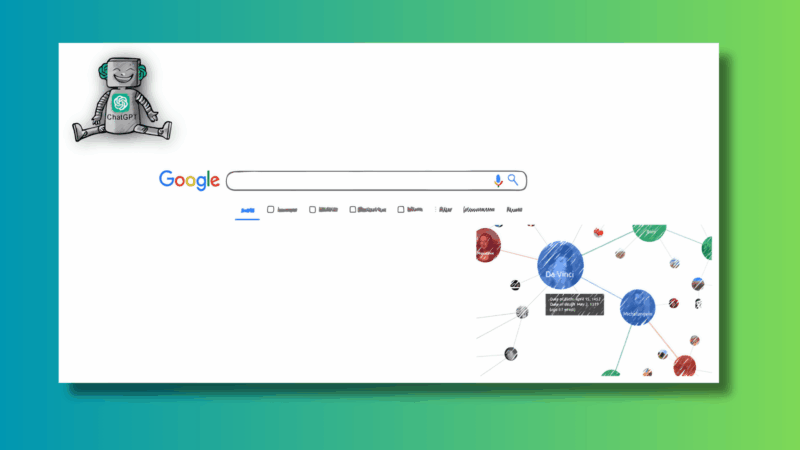 Google search page with a robot graphic and a mind map.