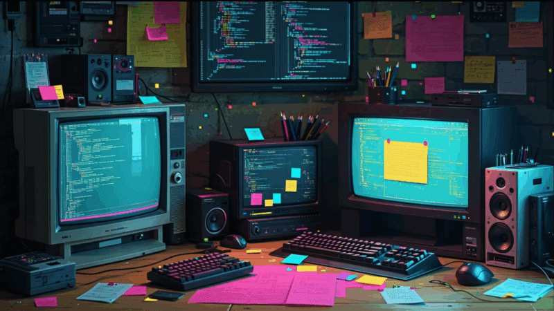 A cluttered desk with multiple vintage monitors displaying code. Sticky notes and keyboards are scattered.