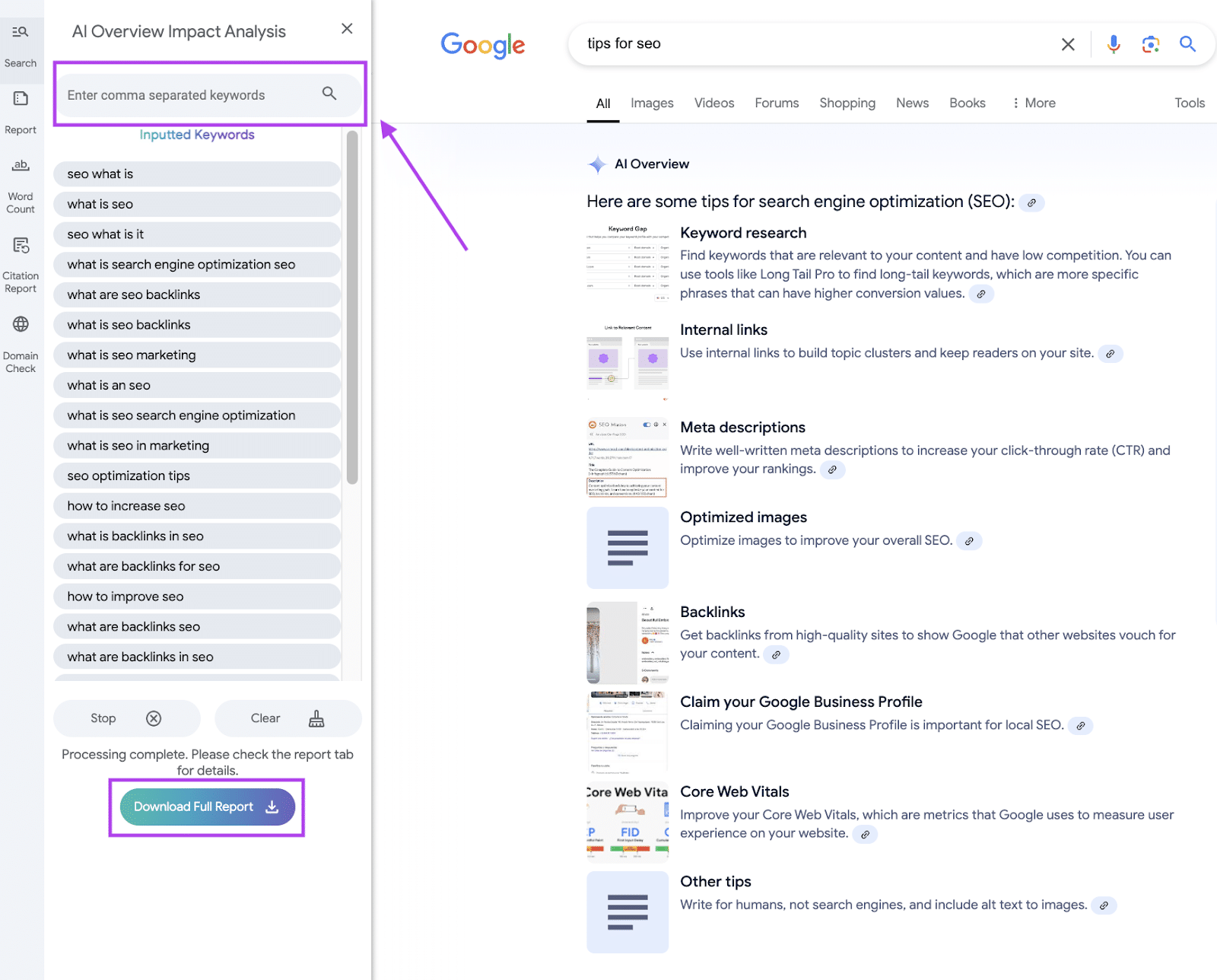Google search interface showing PDF results, with a side panel and download button.