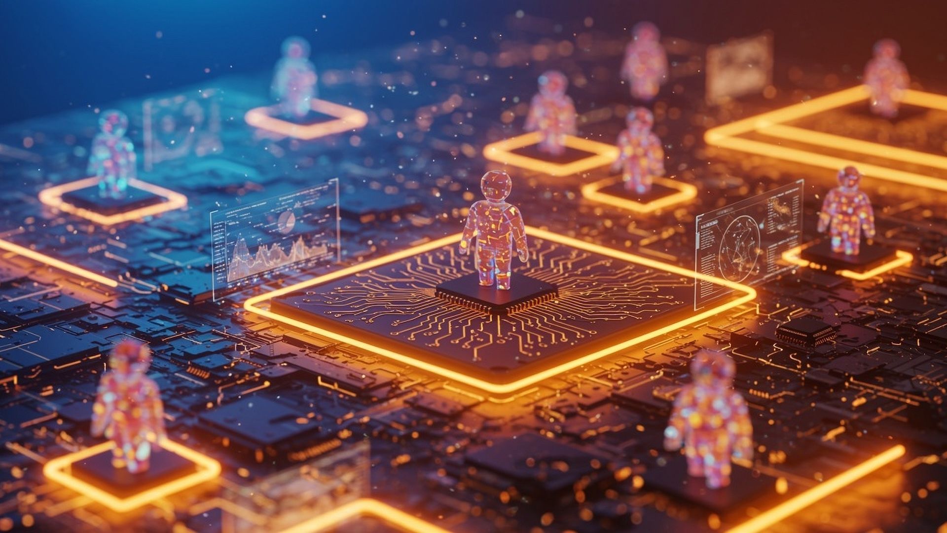 Glowing digital figures on a circuit board, representing data processing and connection, orange and blue.