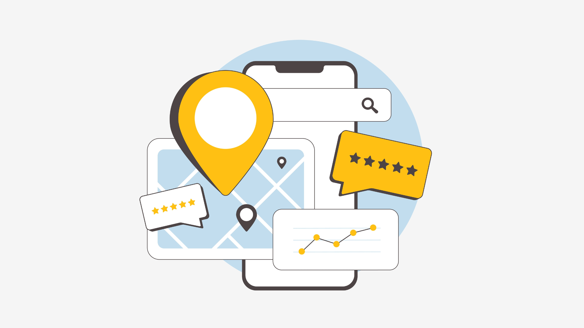 Smartphone with location pin, map, reviews, and data chart, symbolizing local business search and analytics.