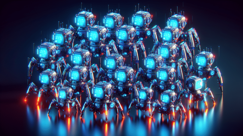 A cluster of futuristic robots with glowing blue faces and metallic bodies, lit with blue and orange.
