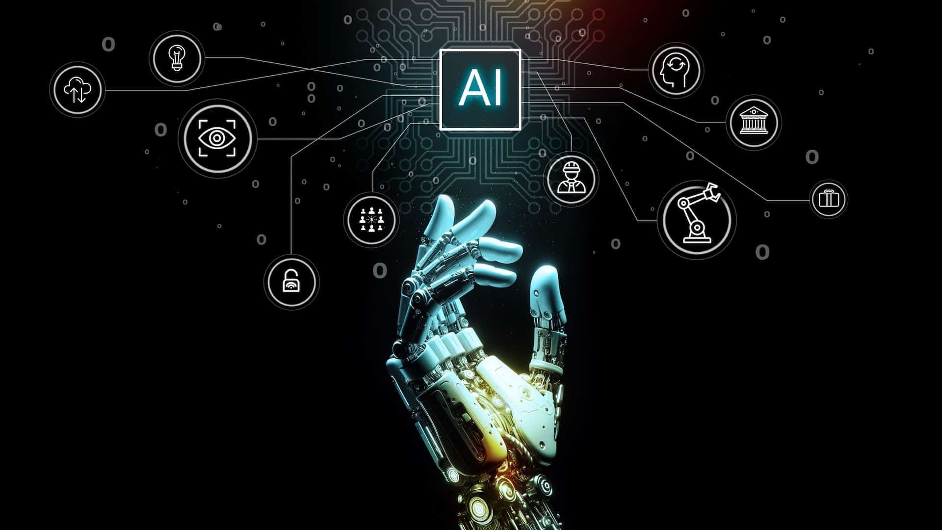 Robot hand reaching for AI, connected to icons on a circuit board against a black background.