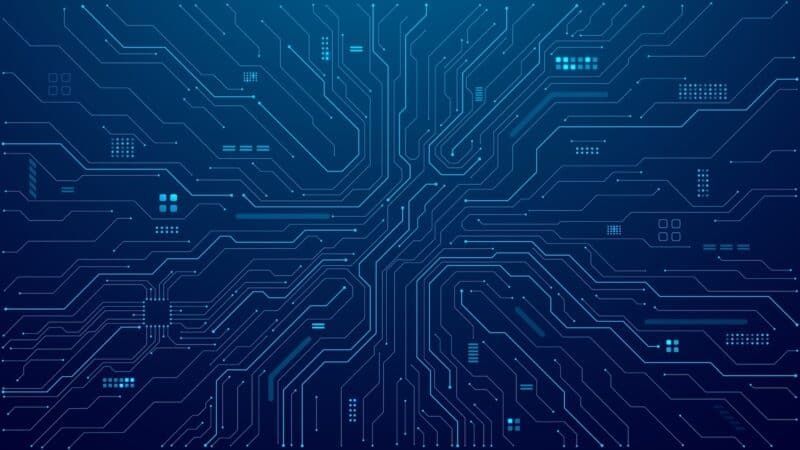 Blue circuit board with interconnected lines and glowing elements.