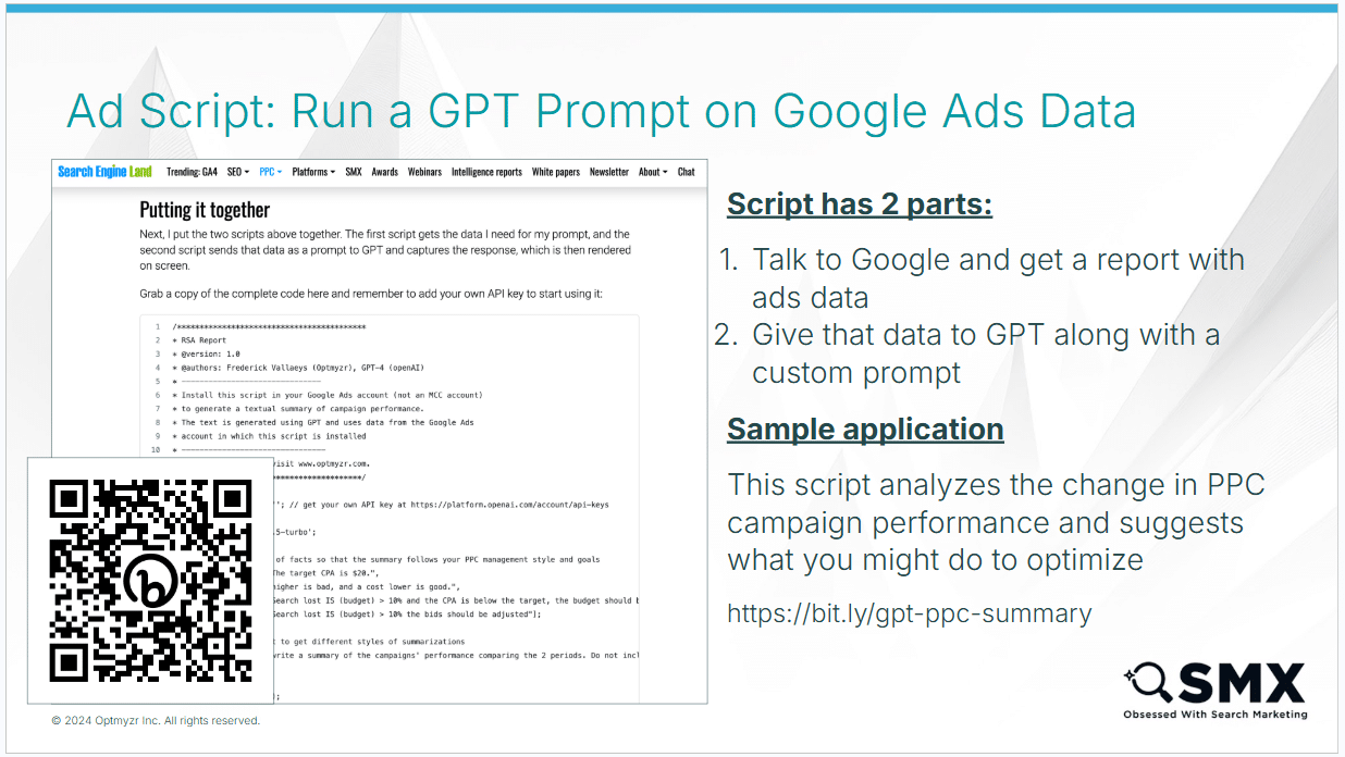 A script to run a GPT prompt on Google Ads data. Code is on a screen with two parts and a sample application.