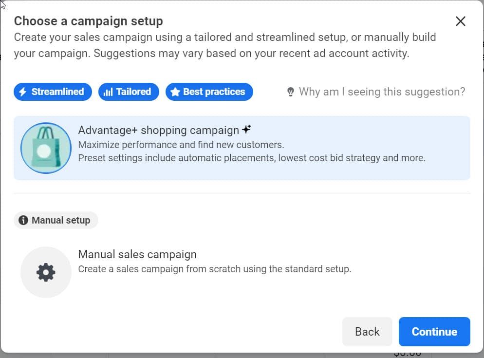 Choose campaign setup screen: Options for creating a sales campaign, including 