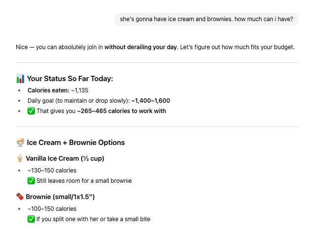 Information about calorie intake for ice cream and brownie consumption.
