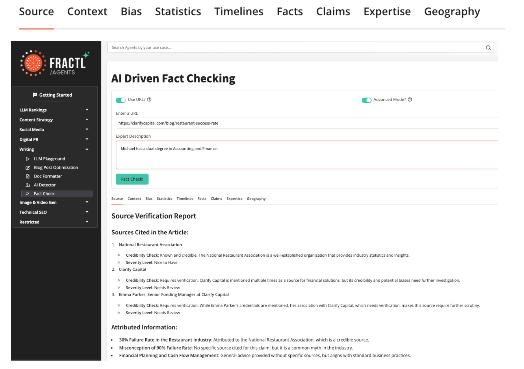 Screenshot of AI-driven fact-checking tool with a search bar and analysis report.