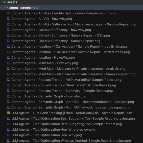 File directory listing screenshots of content agent reports and title optimization previews.