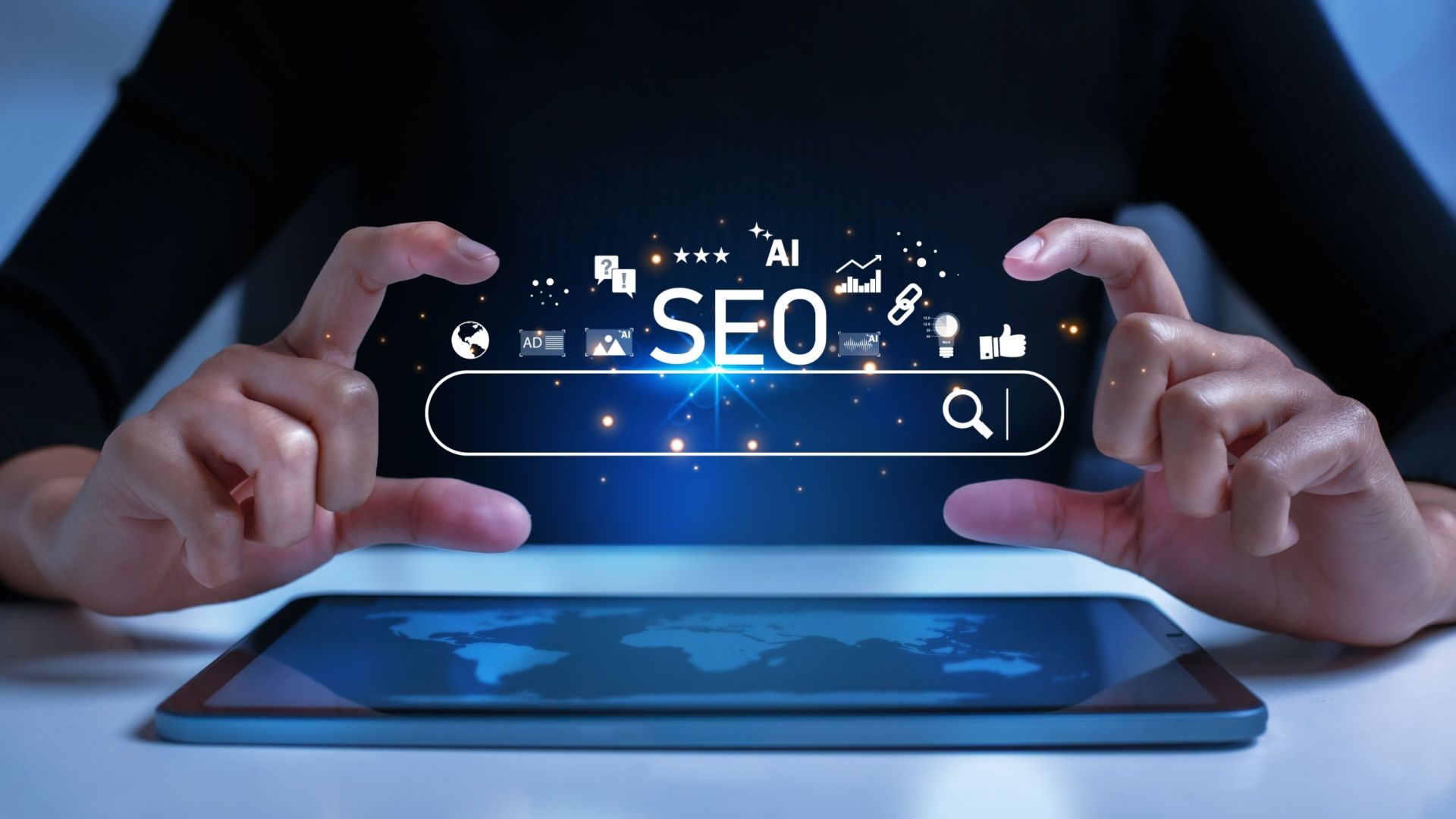 Person holding a digital search bar, with 