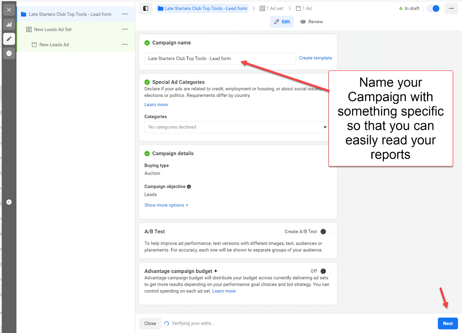 Screenshot of a campaign creation page with a highlighted campaign name field and instructions for clear naming.