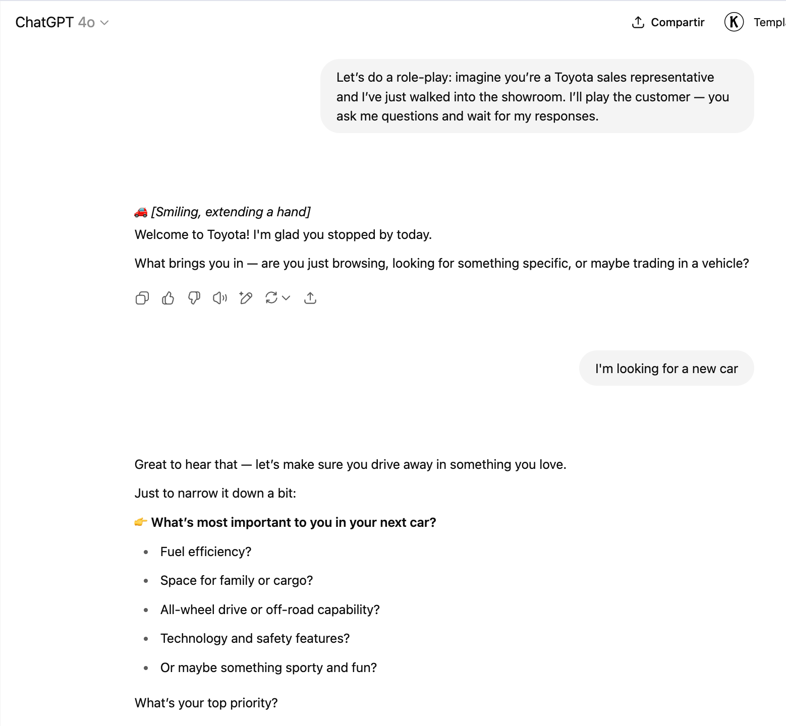 ChatGPT interface: Welcome message and conversation starter with prompt: 