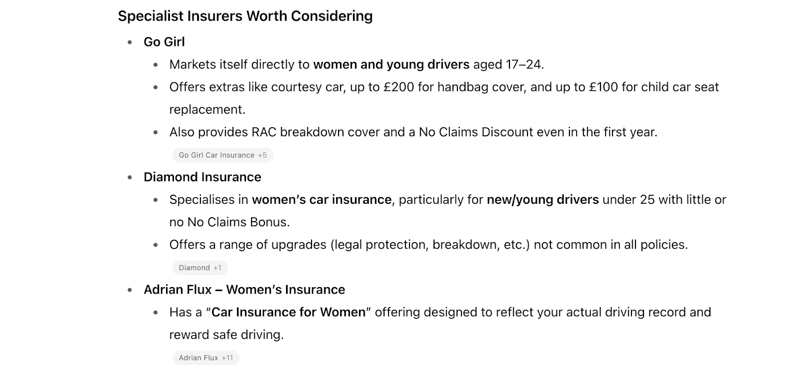 Specialist insurance information: details for Go Girl, Diamond, and Amlin Plus Women's insurance.