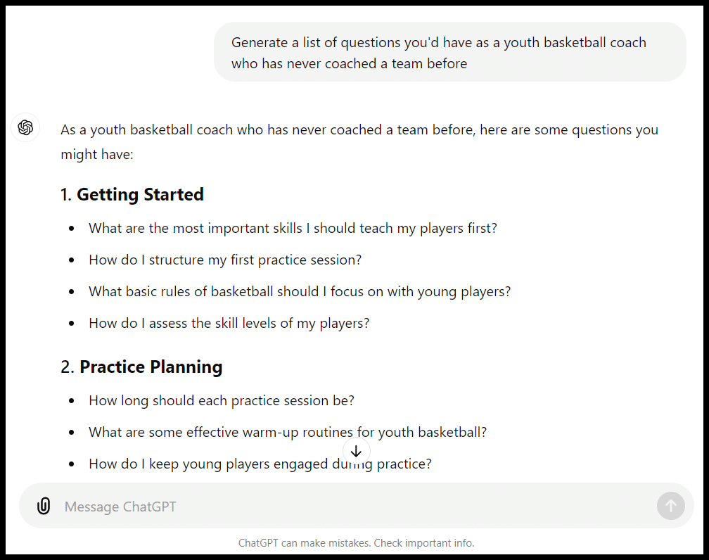 Text listing questions a youth basketball coach might have, categorized as 