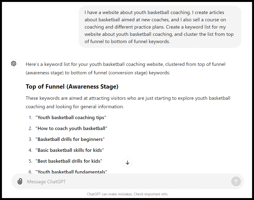 A chatbot screen showing the top of the funnel awareness stage with keyword examples for basketball.
