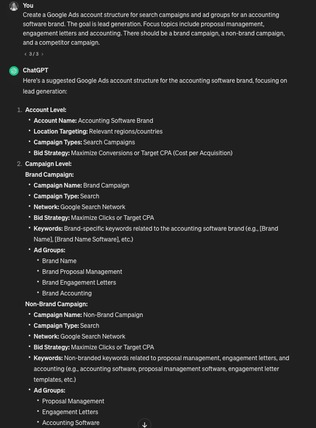 Google Ads account structure for accounting software brand, focusing on lead generation.