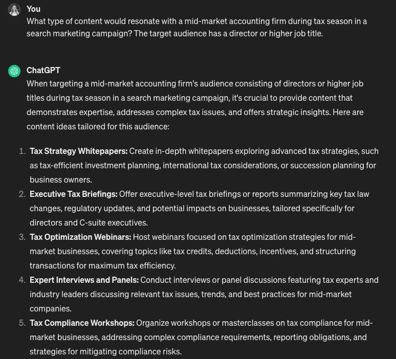 ChatGPT response to a question about content for a mid-market accounting firm, listing whitepapers, briefings, webinars, interviews, and workshops.
