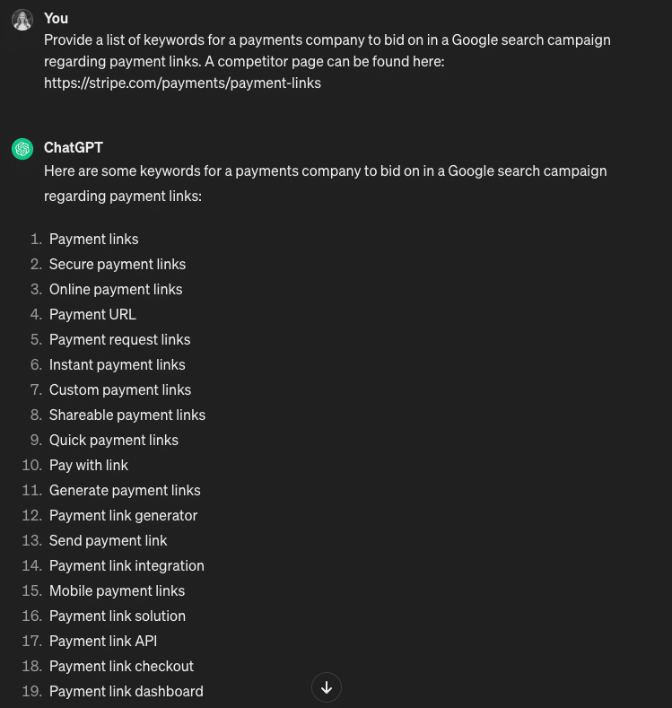 Screenshot of a chat conversation providing a keyword list for a payments company's Google Ads campaign on payment links.