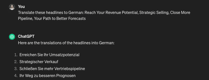 Screenshot of a chat translating business headlines from English to German.