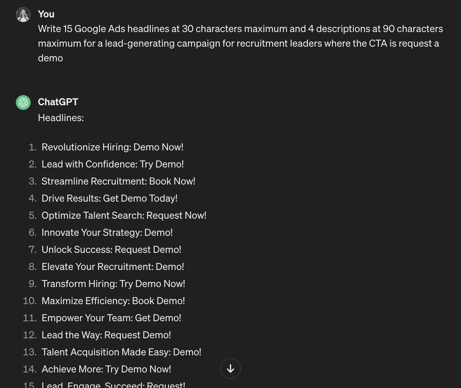 ChatGPT's response to a prompt: 15 Google Ads headlines and descriptions for a recruitment lead generation campaign, with 
