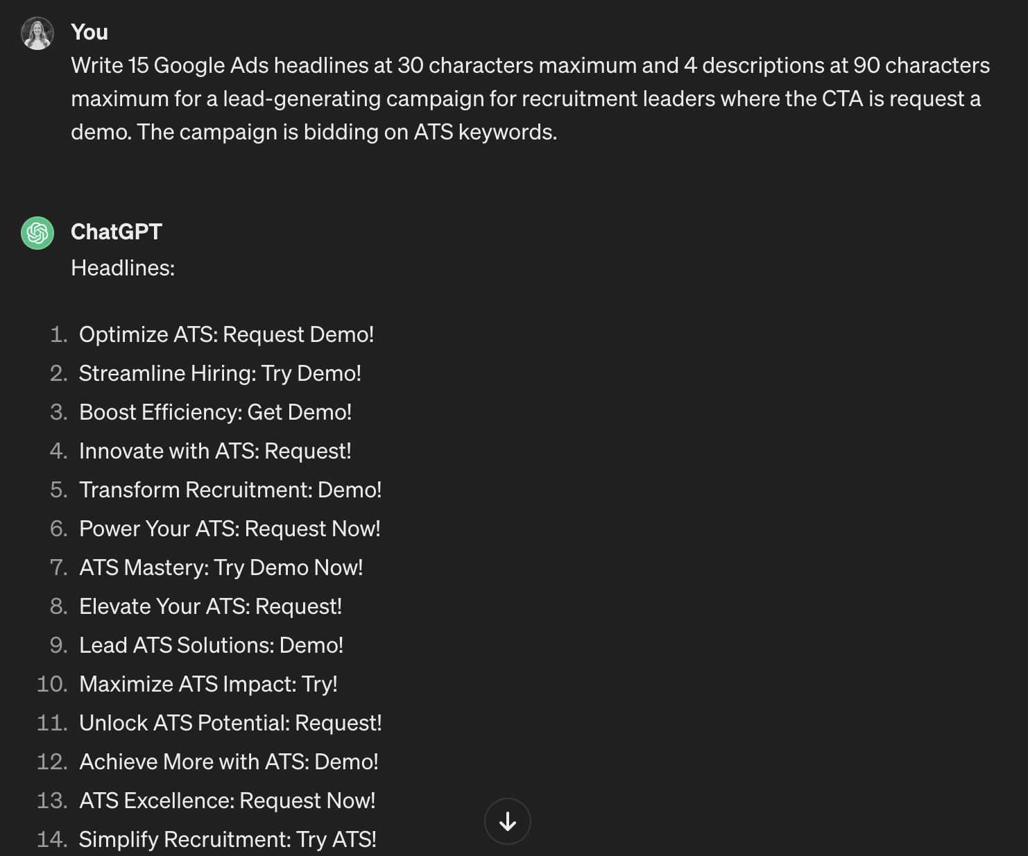 ChatGPT's response with ad headlines and descriptions for an ATS generating campaign focusing on ATS keywords.