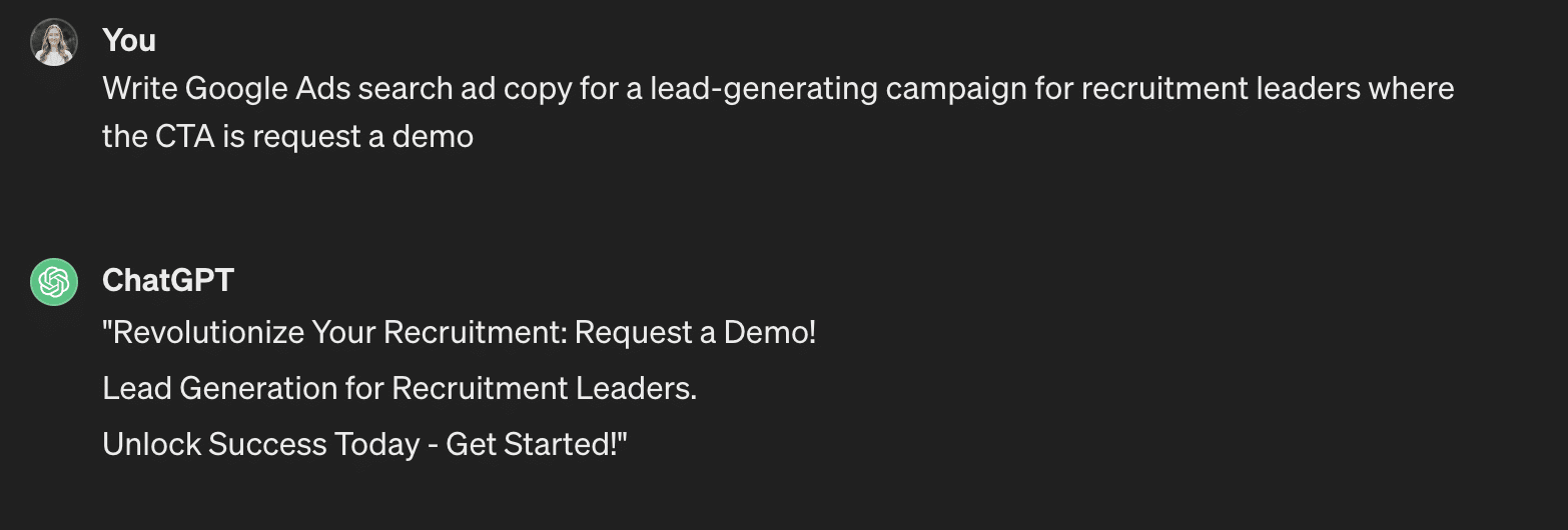 ChatGPT's lead generation ad copy for recruitment leaders: 