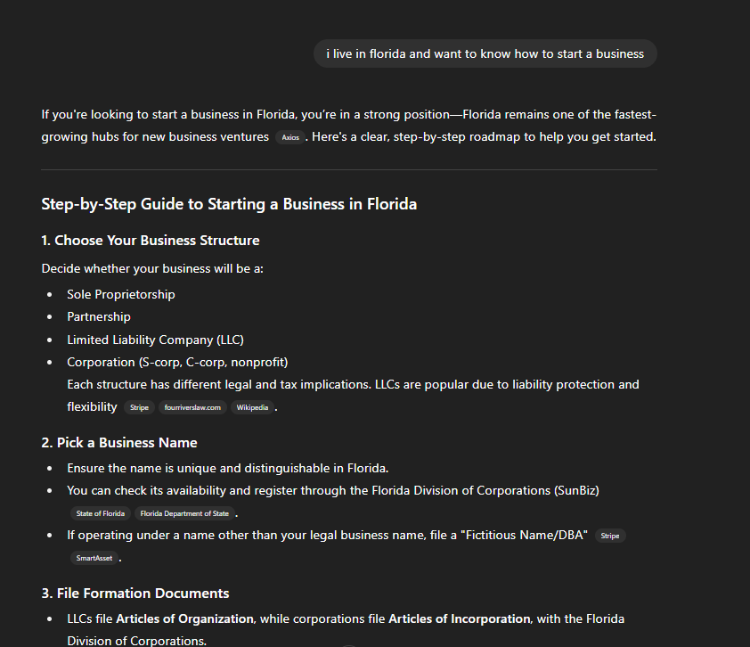 Guide to starting a business in Florida, with a dark background. Lists of steps for business formation.