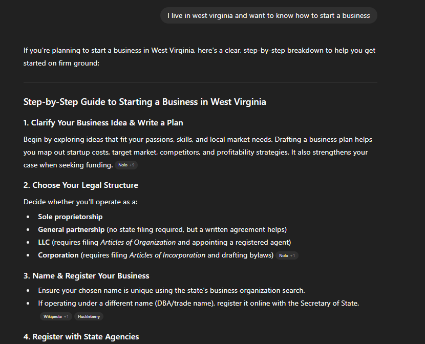 Guide to starting a business in West Virginia: Step-by-step instructions on a dark background.