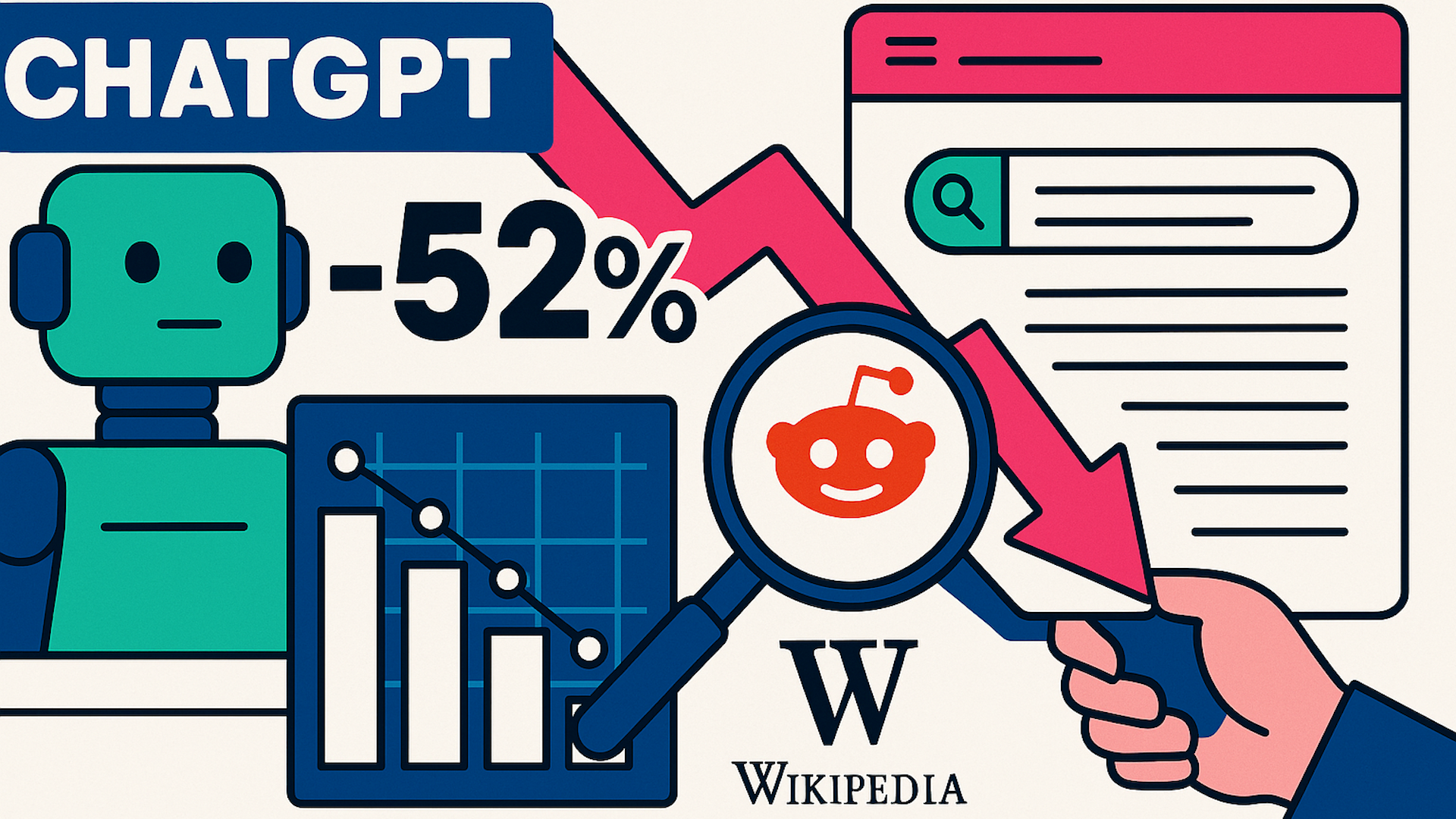 An infographic shows ChatGPT usage down -52%, with a declining graph, magnifying glass over Reddit & Wikipedia.