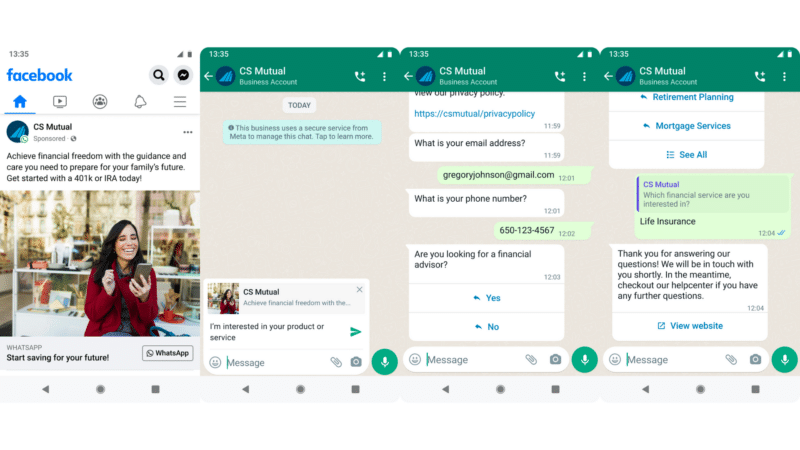 A person chatting about financial advice on WhatsApp. A Facebook ad promoting financial services is also visible.