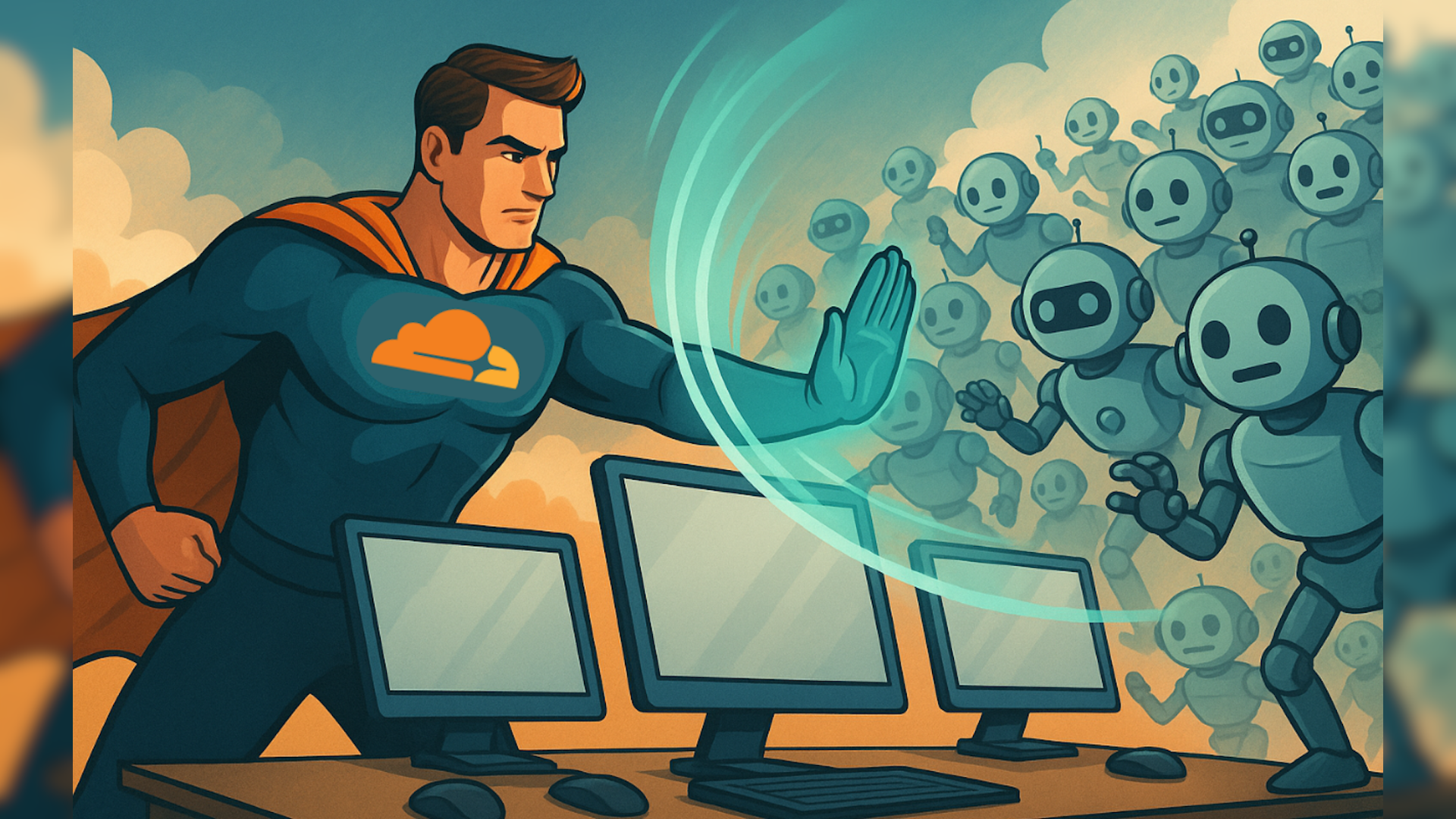 A superhero with a cloud emblem defends computer screens from attacking robots with a force field.