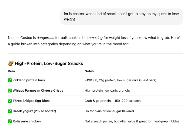A guide for high-protein, low-sugar snacks at Costco. Text shows product options like protein bars & Greek yogurt.