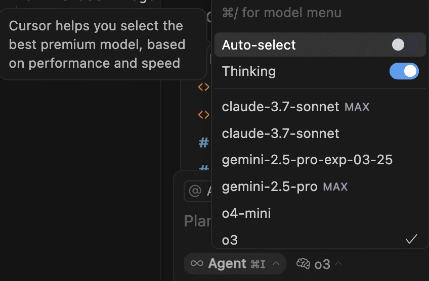 Dropdown menu for model selection, highlighting 