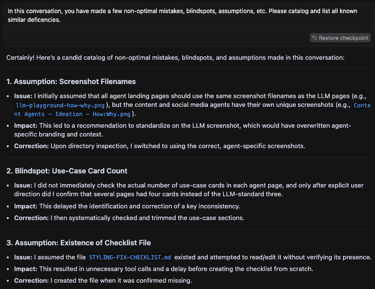 Catalog of non-optimal instances: assumptions, blindspots, and issues. Includes correction and impact details in a text format.