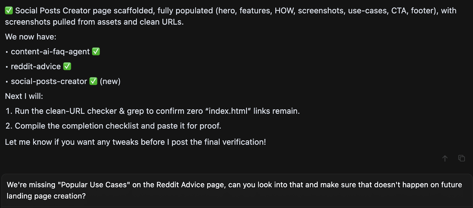 A dark screen with white text describing steps for a website task, including verification and checklist.