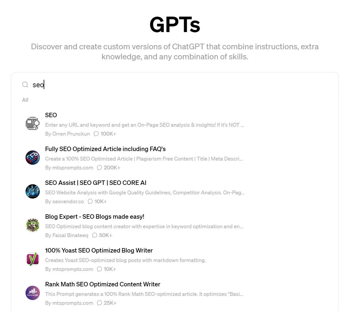 Screenshot of a GPTs interface showcasing different SEO-related GPTs.