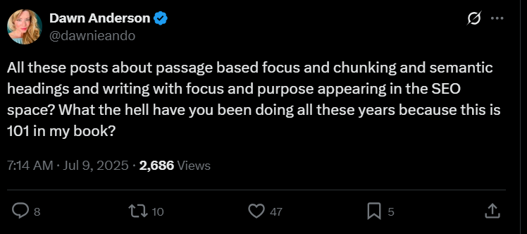 Tweet by Dawn Anderson: criticizes SEO space for discussing basic concepts like passage-based focus and chunking.