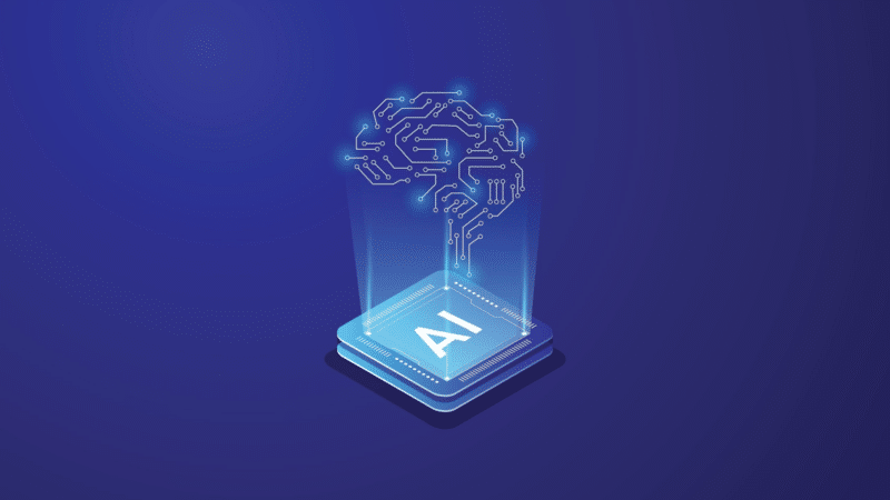 Blue AI concept: Circuit board brain above an AI-labeled platform, glowing with blue light.
