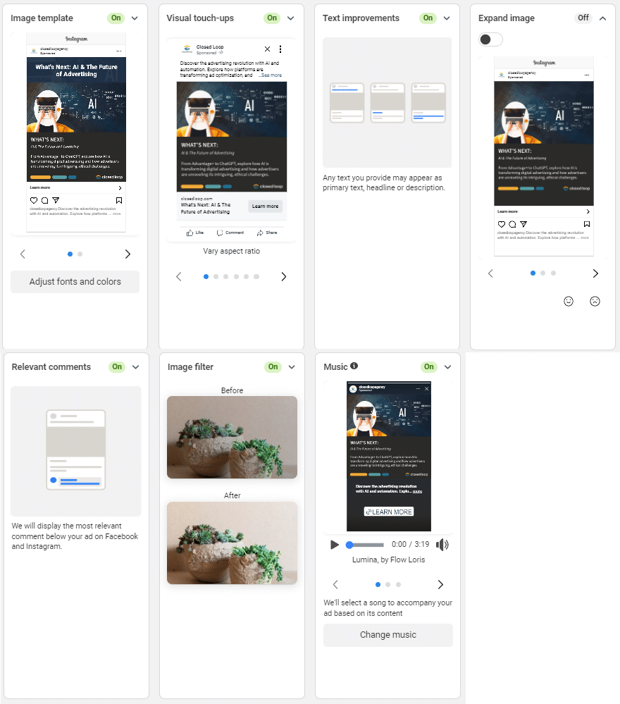 A series of mobile UI design screens: Instagram post template, visual concept, text requirements, and revised designs.