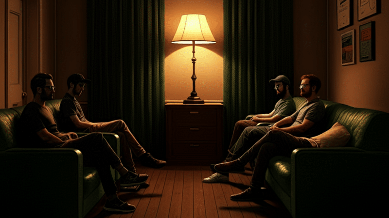 Six men sit on green couches in a dimly lit room, facing each other with a lamp in the center.