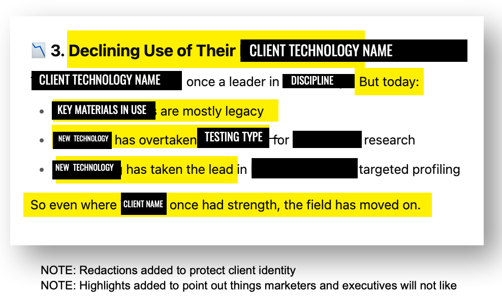 Report: Declining use of CLIENT TECHNOLOGY NAME, highlighted text, redactions, and bullet points.