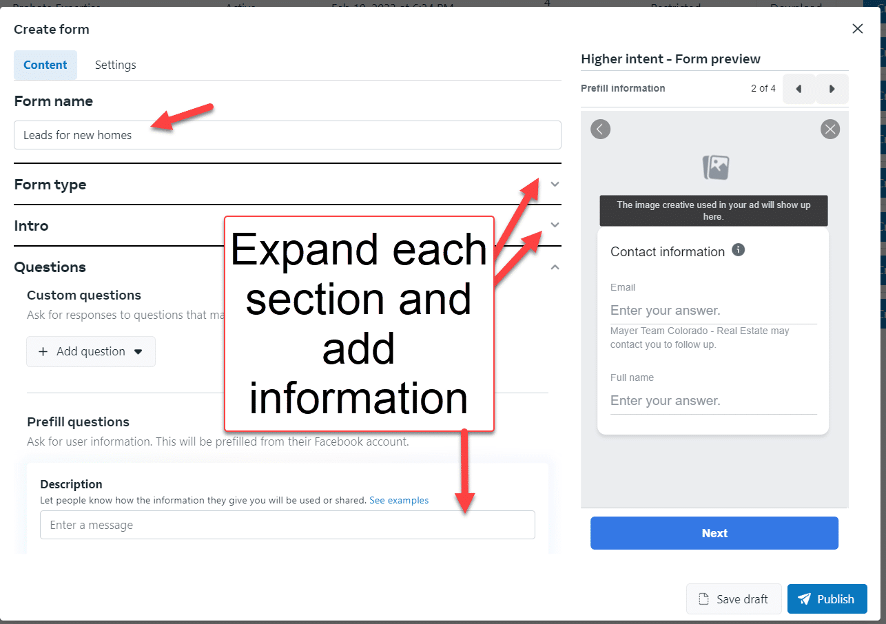 Screenshot of a form creation interface with prompts for form name and section details; 