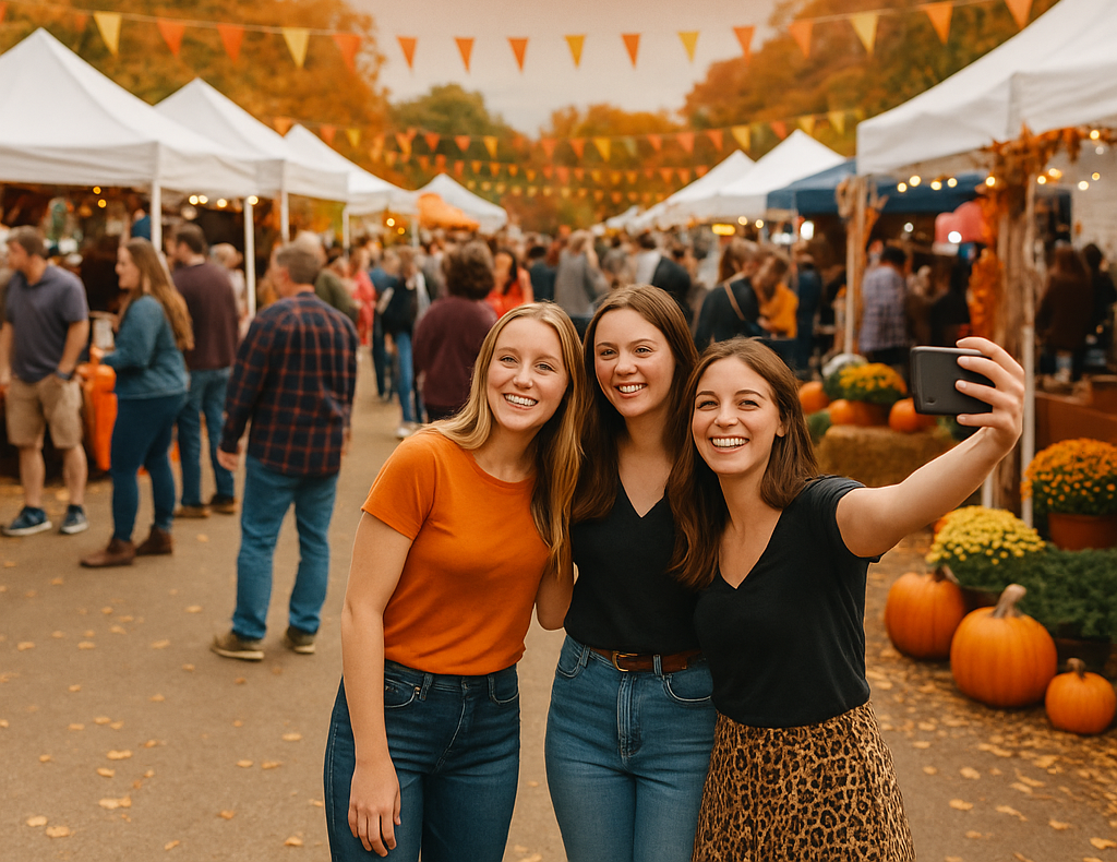 Three young women taking a selfie at a fall festival; surrounded by pumpkins, vendors, and crowds.