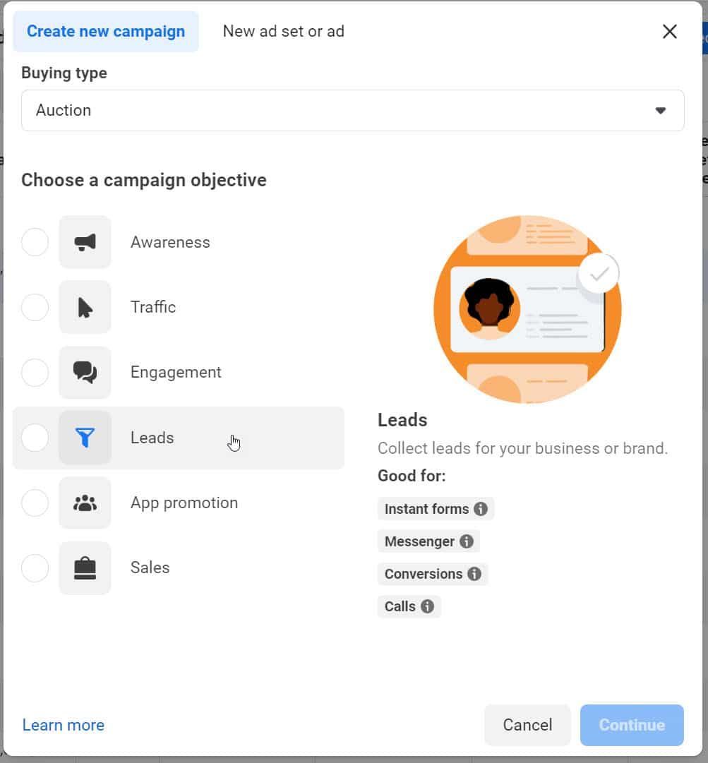 A screenshot of a campaign setup in an advertising platform, showing campaign objectives such as awareness, traffic, and leads.